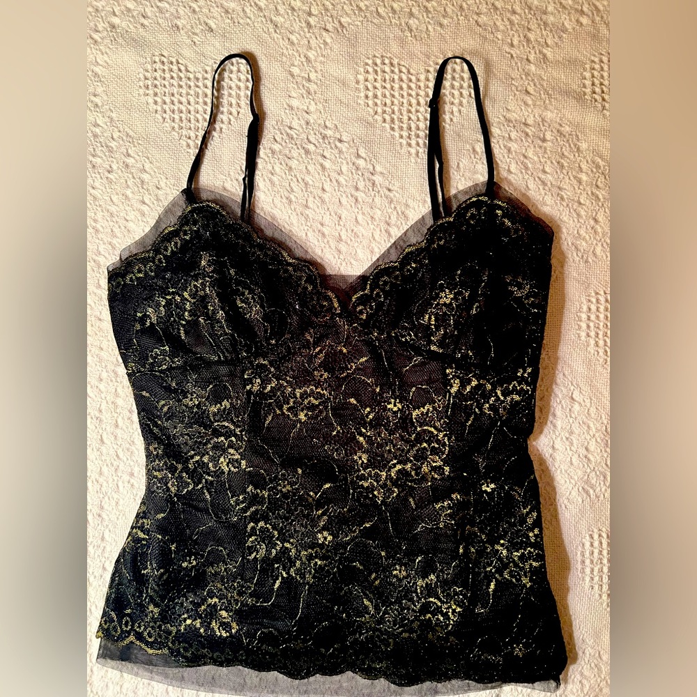 BCBG lacy black top , with golden accent , small